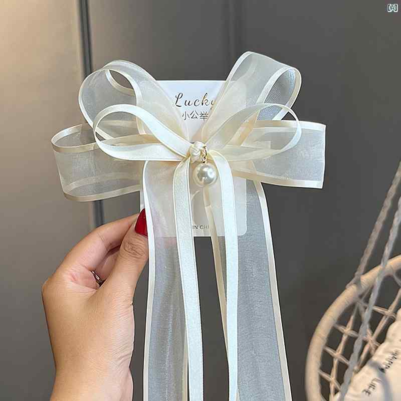 ガールズ ビッグ リボン ロング 頭飾り パールペンダント バック ヘッド プリンセス トップ クリップ 子供 ヘア アクセサリー