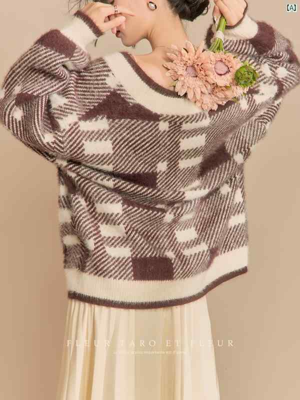 レディース ファッション 冬 綺麗 大歳 上品 オシャレ 秋冬 チェック柄 シック V ネクタイ ポケット カーディガン ウール セーター