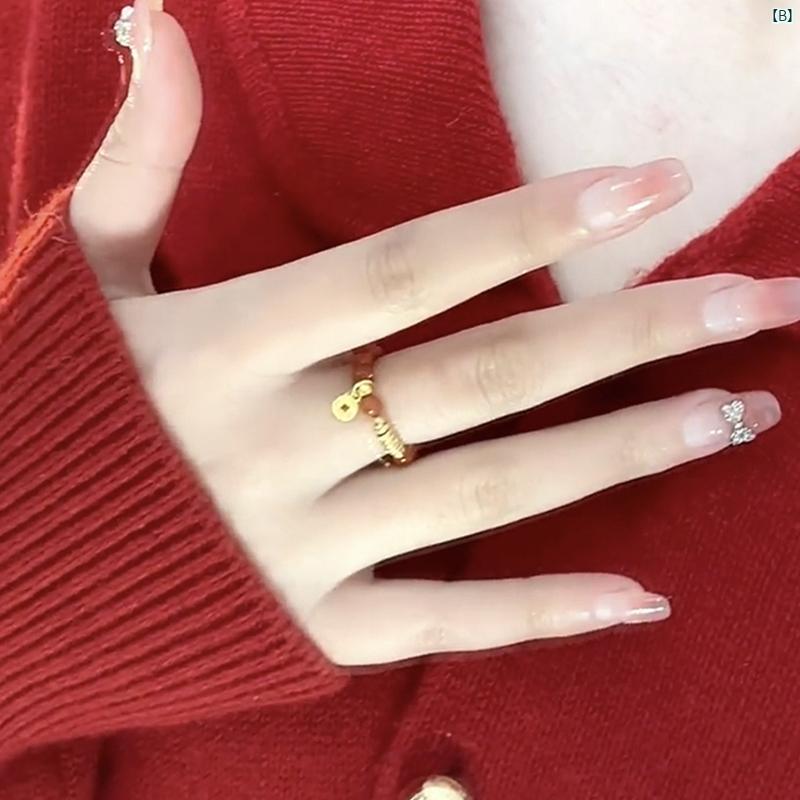 レディース アクセサリー　上品　かわいい　綺麗　付けすい　シンプル 中華風 レッド 瑪瑙 ビーズ 崩れた 金銅 コイン リング ライト 高級 ハイエンド エスニック 転送