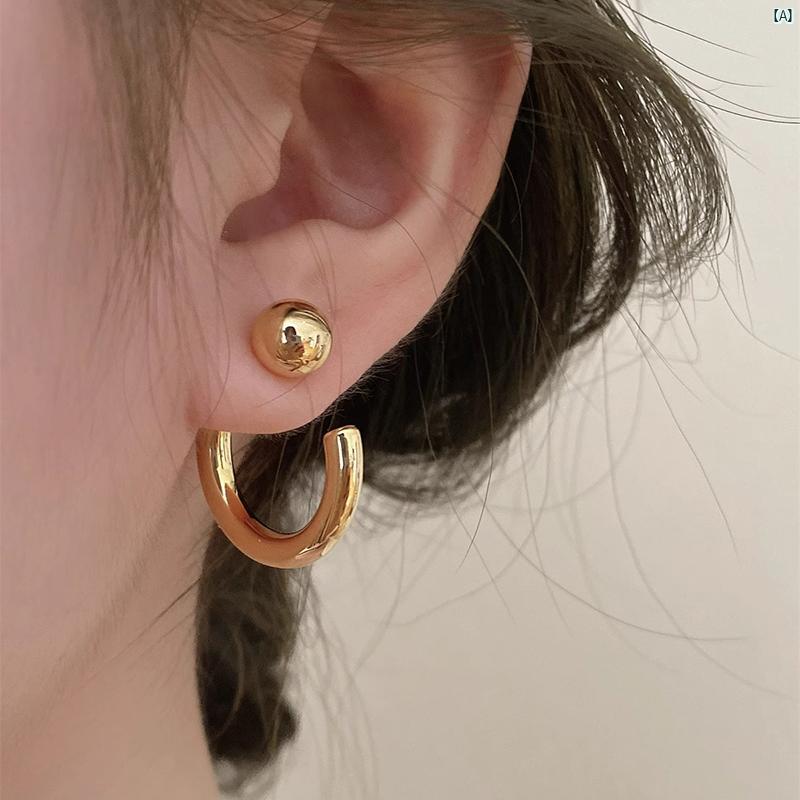 レディース アクセサリー　上品　かわいい　綺麗　付けすい　シンプル ソンヘギョ ゴールド ビーン C型 イヤリング 高級 イン レトロ 2 連 シルバーイヤリング