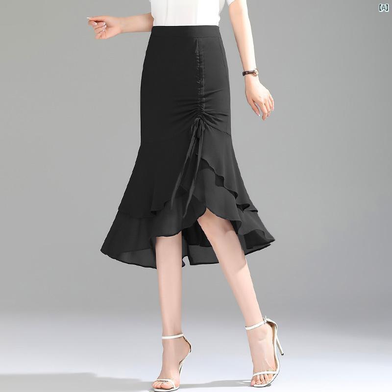 レディース ファッション　オシャレ　上品　大歳 シフォンスカート 夏 ミドル丈 ハイウエスト スリム スリット ドレープ フィッシュ テール スカート
