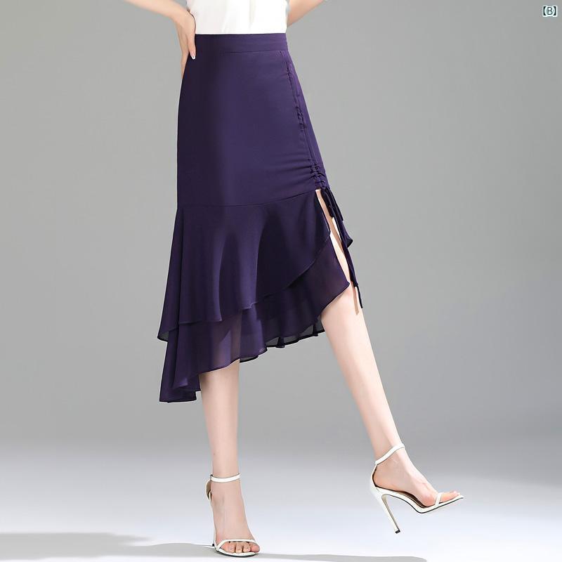 レディース ファッション　オシャレ　上品　大歳 シフォンスカート 夏 ミドル丈 ハイウエスト スリム スリット ドレープ フィッシュ テール スカート