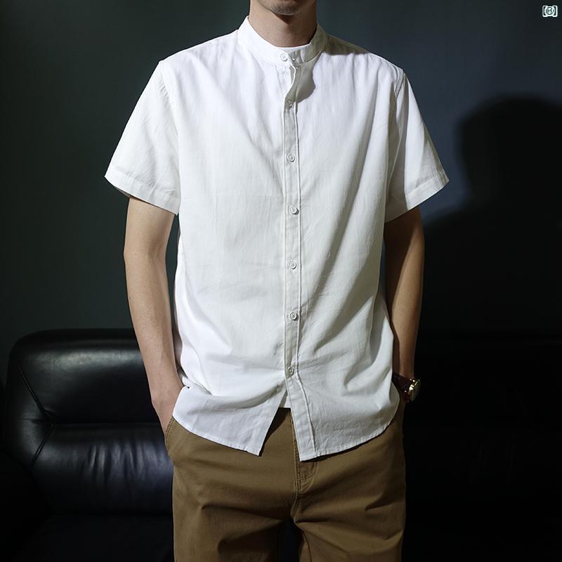 夏 薄手 コットン 半袖 シャツ メンズ チュニック スーツ 文学 中華風 通気性 スタンドカラー 無地