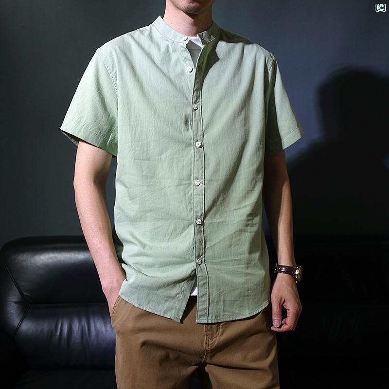 夏 薄手 コットン 半袖 シャツ メンズ チュニック スーツ 文学 中華風 通気性 スタンドカラー 無地