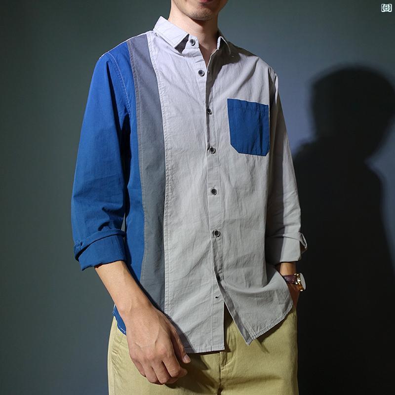 秋 薄手 レトロ ストライプ パッチワーク ポケット 長袖 シャツ スクエアネック メンズカジュアル 通気性 コットンシャツ トップ