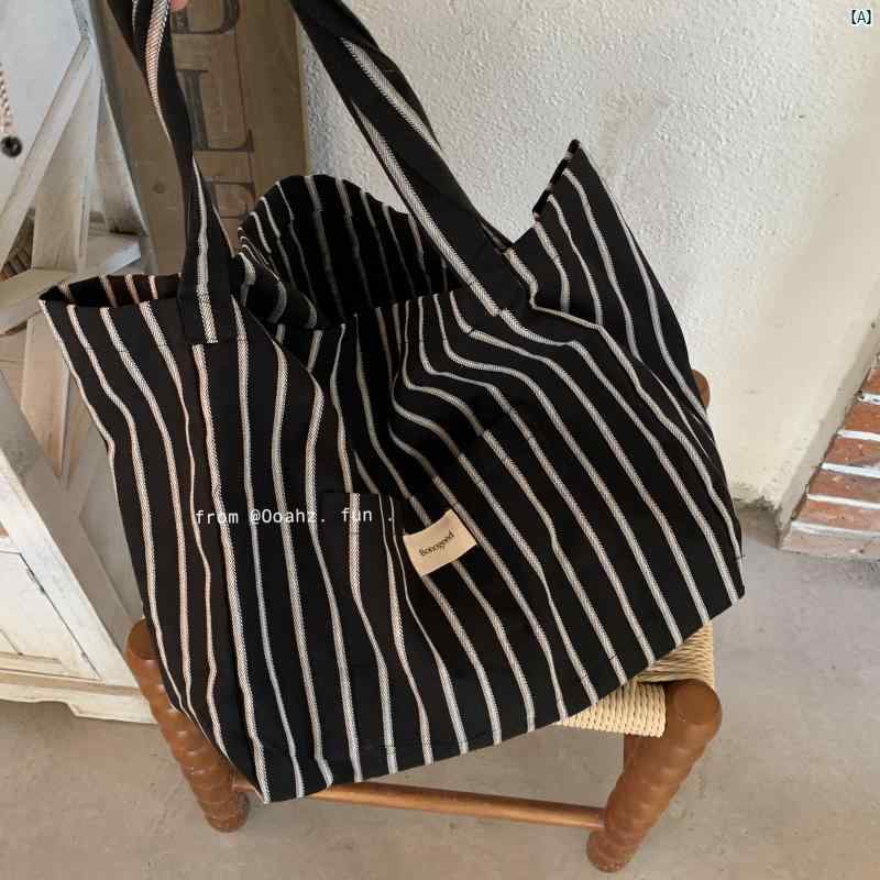 韓国　韓国雑貨　インテリア　小物 ミッドナイトブラック ストライプ大容量 トートバッグ 初秋 ストライプ カジュアル バッグ ショルダー キャンバス