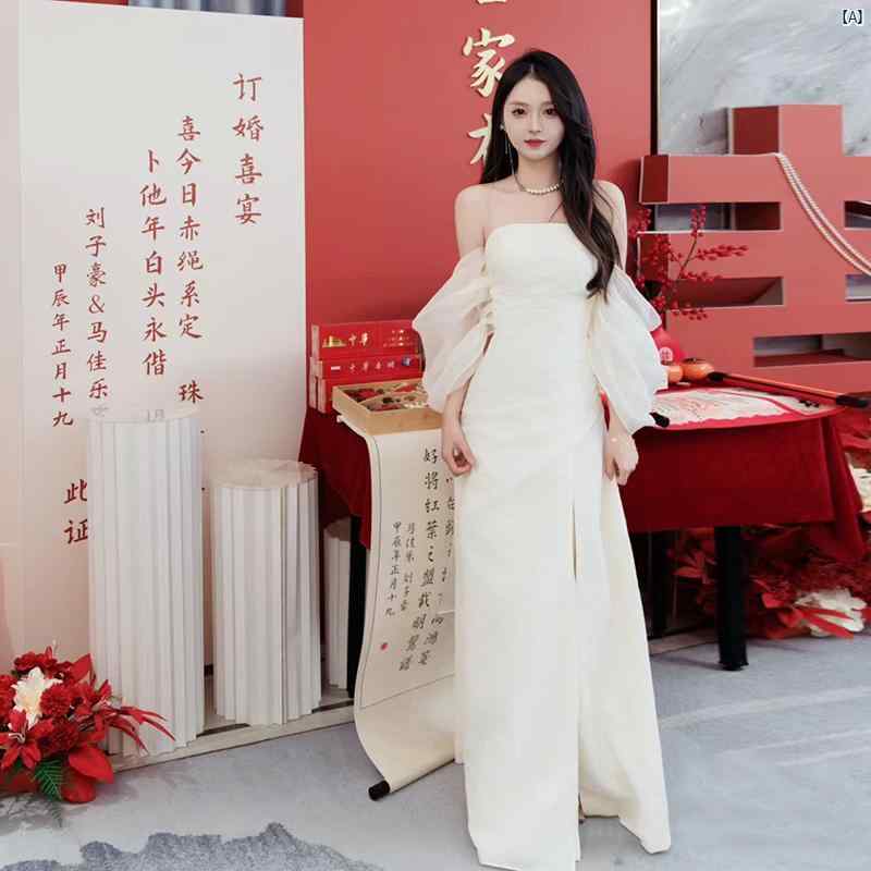 レディース ファッション　オシャレ　ドレス　2次会 ホワイト チューブ トップ 小柄 イブニングドレス フランス ハイエンド 軽量 高級 婚約 ドレス センス 証明書 登録