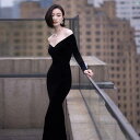 ブラック ワンショルダー ハイエンド フィッシュ テール スリムフィット イブニングドレス レディース 次 総会 ホスト キャットウォーク ベルベット 長袖 パフォーマンス ドレス ロング(4)