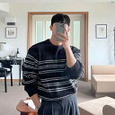 メンズ ファッション 韓国ファッション オシャレ 韓国 ストライプ セーター メンズ 春秋 ラウンドネック ニット ボトム シャツ 韓国 カジュアル 快適 インナー 長袖 トップ(4)