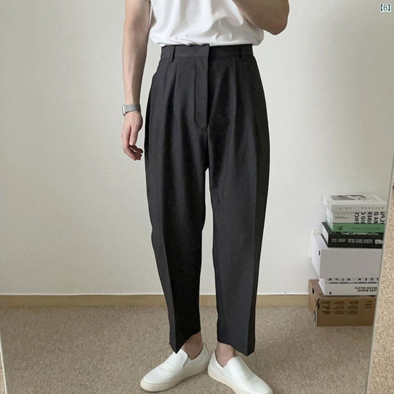 メンズ　ファッション　韓国ファッション　オシャレ　韓国 男性用 夏 ビジネス 通勤用 ブラック 九分丈 カジュアル パンツ 軽量大歳 スーツ ダブルプリーツ テーパードパンツ