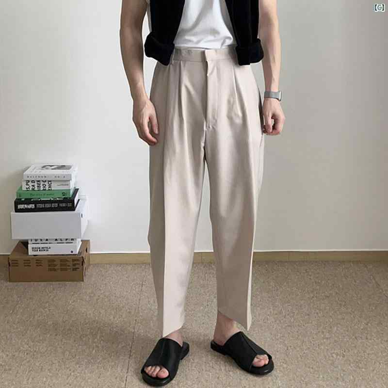 メンズ　ファッション　韓国ファッション　オシャレ　韓国 男性用 夏 ビジネス 通勤用 ブラック 九分丈 カジュアル パンツ 軽量大歳 スーツ ダブルプリーツ テーパードパンツ