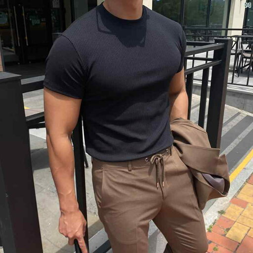 メンズ ファッション 韓国ファッション オシャレ 韓国 ブラック ラウンドネック ニット 半袖 Tシャツ 男性 夏 韓国 フィットネス スポーツ タイト 耐久性 トップ メンズ ファッション 韓国ファッション オシャレ 韓国 ブラック ラウンドネック ニット 半袖 Tシャツ 男性 夏 韓国 フィットネス スポーツ タイト 耐久性 トップ
