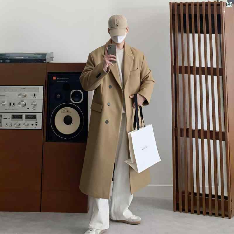 メンズ　ファッション　韓国ファッション　オシャレ　韓国 高級 ミドル丈 スーツ カラー ウール コート メンズ 秋冬 韓国 雰囲気