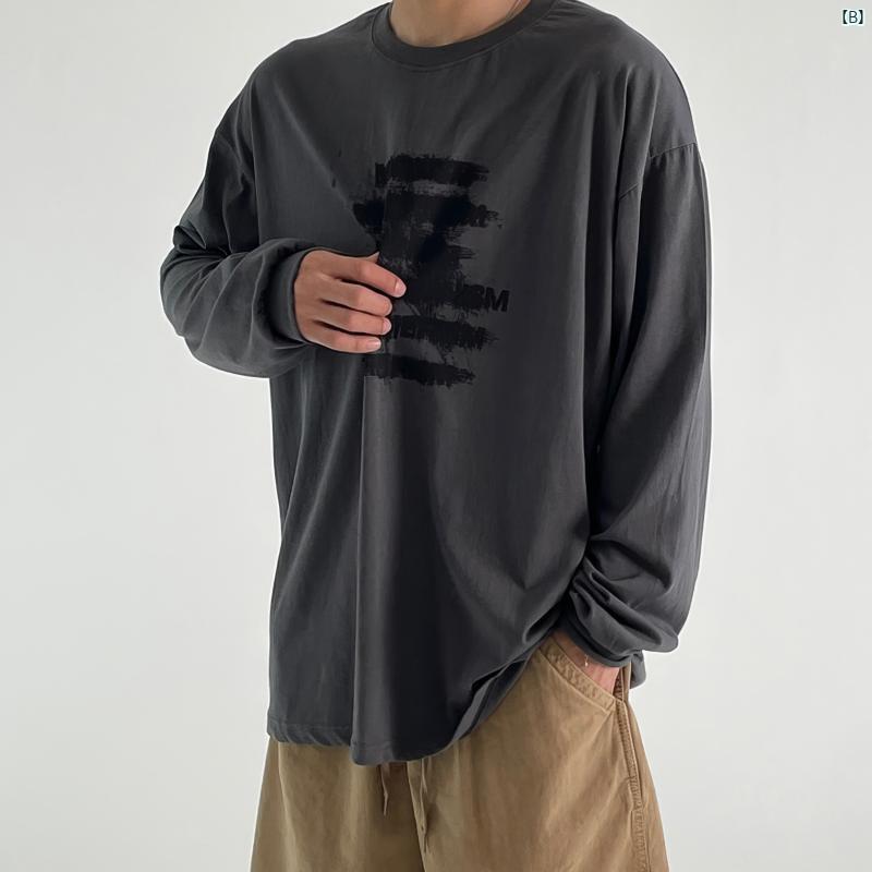 メンズ　ファッション　韓国ファッション　オシャレ　韓国 春秋 ラウンドネック 長袖 Tシャツ メンズ 薄手 レター プリント レトロ 男性 カジュアル トップ