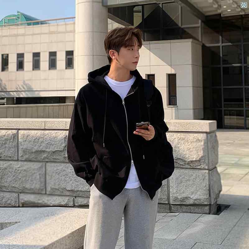 メンズ　ファッション　韓国ファッション　オシャレ　韓国 男性用 グレー フード付き スウェットシャツ ジッパー ジャケット 春秋 アメリカン ヘビー 長袖