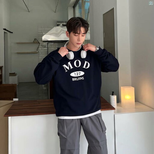 メンズ ファッション 韓国ファッション オシャレ 韓国 ダーク ブルー ラウンドネック スウェットシャツ メンズ 春秋 アメリカン レター プリント カジュアル プルオーバー ジャケット メンズ ファッション 韓国ファッション オシャレ 韓国 ダーク ブルー ラウンドネック スウェットシャツ メンズ 春秋 アメリカン レター プリント カジュアル プルオーバー ジャケット