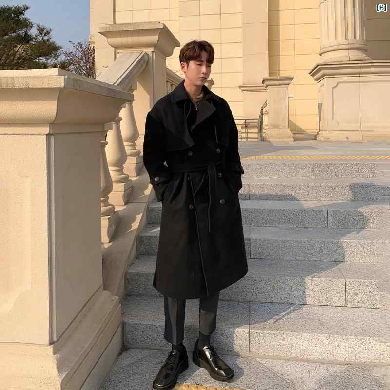 メンズ　ファッション　韓国ファッション　オシャレ　韓国 韓国 メンズ ウール ダブルブレスト コート 秋冬 ミドル丈 暖かい 英国 ウインドブレーカー