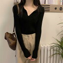レディース ファッション 韓国 韓国ファッション オシャレ アーバン アメリカン Vネック 長袖 Tシャツ 春秋 冬 小柄 スリムフィット ニット ボトム シャツ トップ(4)