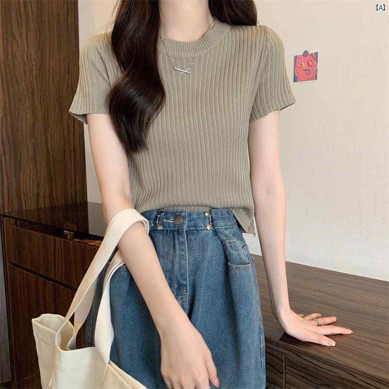 レディース ファッション　韓国　韓国ファッション　オシャレ　アーバン 夏用 ニット セーター 薄手 スリム ユニーク シック 小柄 シャツ ホワイト 短い 冷感 半袖 トップのサムネイル