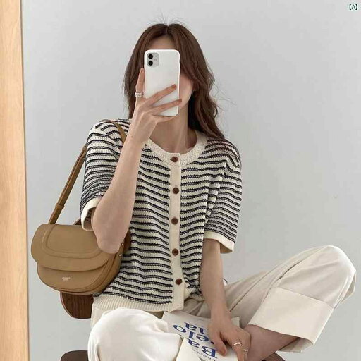 レディース ファッション 韓国 韓国ファッション オシャレ アーバン ストライプ ジャカード 半袖 Tシャツ セーター 夏 カーディガン トップ レディース ファッション 韓国 韓国ファッション オシャレ アーバン ストライプ ジャカード 半袖 Tシャツ セーター 夏 カーディガン トップ