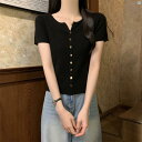 レディース ファッション 韓国 韓国ファッション オシャレ アーバン 夏 アメリカン レトロ ホット 右 肩 ニット 半袖 Tシャツ スリム スタイリッシュ ガール カーディガン トップ(4)