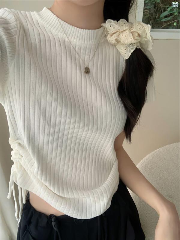 レディース ファッション 韓国 韓国ファッション オシャレ アーバン ブラック ラウンドネック ニット トップ レディース 用 冷感 半袖 Tシャツ 夏 汎用性 高さ シック 巾着