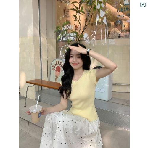 レディース ファッション 韓国 韓国ファッション オシャレ アーバン 短い イエロー 色 ニット セーター レディース 半袖 Tシャツ ファッション 美しい ボトムス 冷感 トップ 高級感のサムネイル