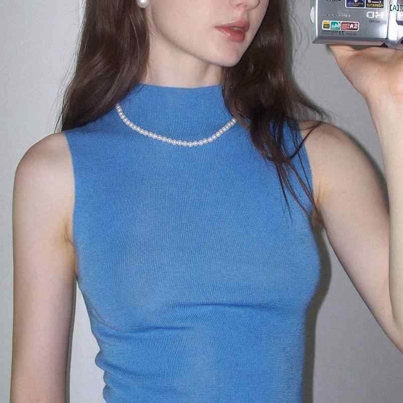 レディース ファッション 韓国 韓国ファッション オシャレ アーバン レディース ハイエンド ブルー ハーフ ハイネック ミッド カラー ニット ノースリーブベスト 夏 サスペンダー ボトム シャツ 付き シンプル スーツのサムネイル