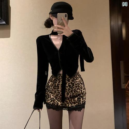 韓国ファッション メイラード レトロ ヒョウ柄 スカート レディース 秋冬 ハイウエスト カバー アップ スリム レース スプライシング ワン ステップ