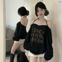 韓国ファッション アメリカン スタイリッシュ ガール レタリング プリント 長袖 Tシャツ 秋 レディース ミドル丈 魅惑的 ホルターネック ブラウス お尻 カバー トップ スリミング