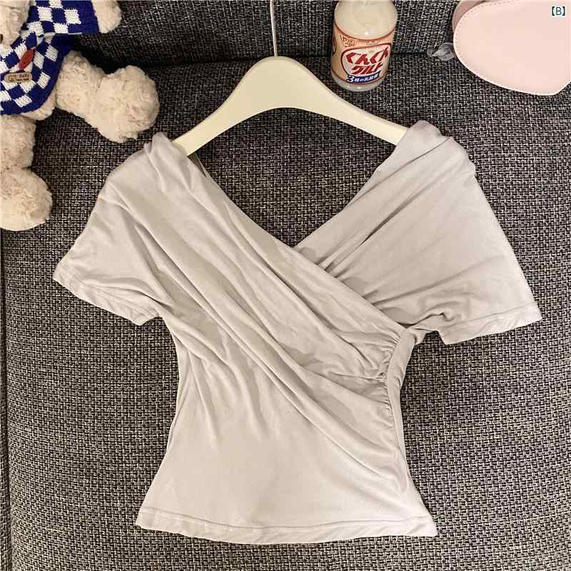 韓国ファッション 魅力的 魅惑的 夏 レディース ワンショルダー クロス 半袖 Tシャツ 美形 ボトムス シャツ デ コンストラクト ミルク ブルー トップス