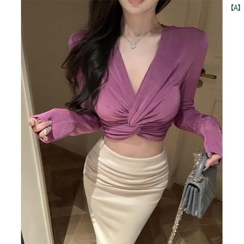 韓国ファッション 魅惑的 Vネック ツイスト シャツ レディース 春 巨 乳 長袖 Tシャツ ショート トップ 韓国ファッション 魅惑的 Vネック ツイスト シャツ レディース 春 巨 乳 長袖 Tシャツ ショート トップ