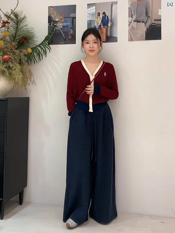 ハイエンド スタイリッシュ ストリート レベル ドット レディース カジュアル パンツ 秋冬 韓国 ハイウエスト たり ワイド レッグ