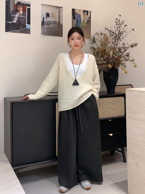 ハイエンド スタイリッシュ ストリート レベル ドット レディース カジュアル パンツ 秋冬 韓国 ハイウエスト たり ワイド レッグ