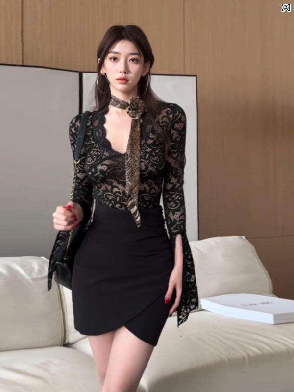 スタイリッシュ ガール 魅惑的 Vネック シースルー スリム 長袖 レース トップ ハイウエスト スカート スーツ