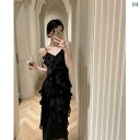 レディース ファッション オシャレ フレンチ ブラック Vネック フリル サスペンダー ドレス 夏 ライト 高級 ハイエンド 社交家 スリム ロング スカート