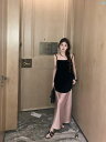 レディース ファッション オシャレ ストラップ サスペンダー 付き ブラック バックレス スリム スタイリッシュ ガール トップ ハイウエスト サテンスカート スーツ
