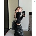 レディース ファッション オシャレ レースアップ バックレス 長袖 スタイリッシュ ガール Tシャツ フェミニン スリムフィット 右 肩 ボトム シャツ ブラック ショート トップ