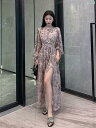 レディース ファッション オシャレ ティ ランド 夏 フレンチ シフォン 花柄 ドレス ハイエンド 魅惑的 ウエスト 露出 スリット ホリデー ロング(4)