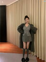 レディース ファッション オシャレ 秋冬 スタイリッシュ ニットカーディガン 完全 セット グレー ロング セーター ジャケット プリーツスカート スーツ(4)