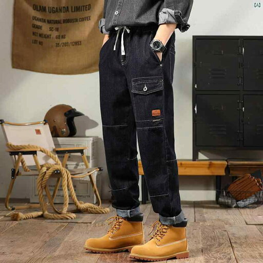 デニム カラー ジーンズ 男性用 春 ストレート アメリカン レトロ マルチ ポケット ワークパンツ デニム カラー ジーンズ 男性用 春 ストレート アメリカン レトロ マルチ ポケット ワークパンツ