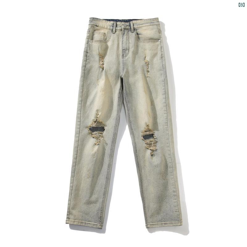 アメリカン ストリート リッピング ウォッシュ ダメージ 加工 ジーンズ 男性用 手引き ストレート カジュアル パンツ ストレッチパンツ