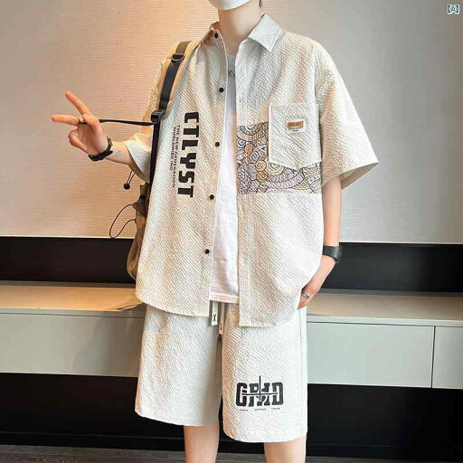 カジュアル シャツ メンズスーツ 夏 冷感 速乾 半袖 ショート パンツ 男性 服 完全 セット カジュアル シャツ メンズスーツ 夏 冷感 速乾 半袖 ショート パンツ 男性 服 完全 セット