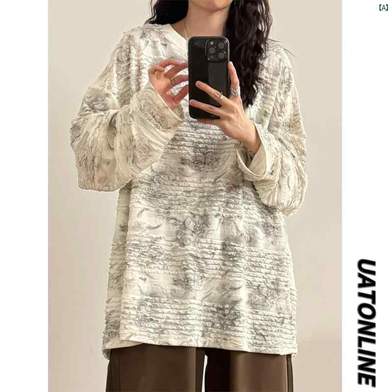 レディース ファッション　レディース　大歳　おしゃれ 秋 アメリカン レトロ 絞り染め プリーツ テクスチャ プルオーバー 長袖 Tシャツ トップス レディース