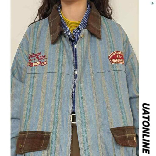 レディース ファッション レディース 大歳 おしゃれ 秋 アメリカン レトロ レター 刺繍 縦縞 ワークウェア ジャケット レディース レディース ファッション レディース 大歳 おしゃれ 秋 アメリカン レトロ レター 刺繍 縦縞 ワークウェア ジャケット レディース