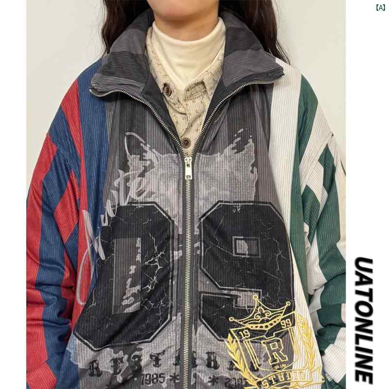 レディース ファッション　レディース　大歳　おしゃれ 冬 アメリカン レトロ スプライシング ストライプ プリント スタンドカラーコットン ジャケット レディース