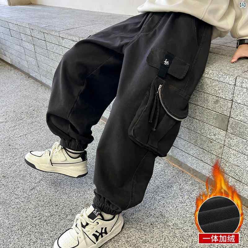 メンズ　ファッション　オシャレ　韓国 ボーイズ フリースパンツ 秋冬 厚手 レッグ ワークウェア 子供用 ソフト デニムパンツ