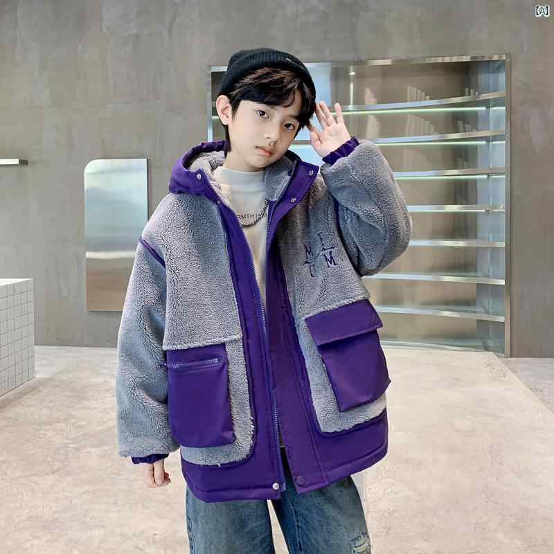 メンズ　ファッション　韓国ファッション　オシャレ　韓国 ボーイズ ラムウール ジャケット 秋冬 中型 大型 子供 冬服 キルティング 厚手 フード付き ウール セーター