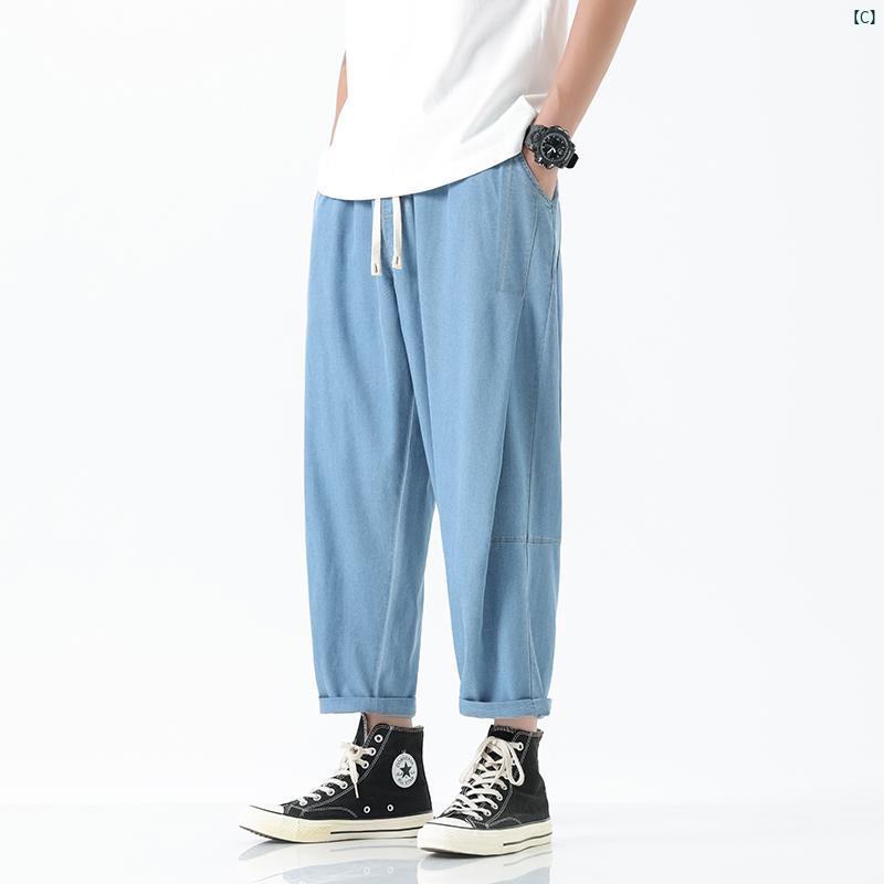 秋 リップド ジーンズ メンズ スリムフィット ストレッチ クロップド パンツ ライト カラー マルチ ポケット ハイエンド スプライシング 古風