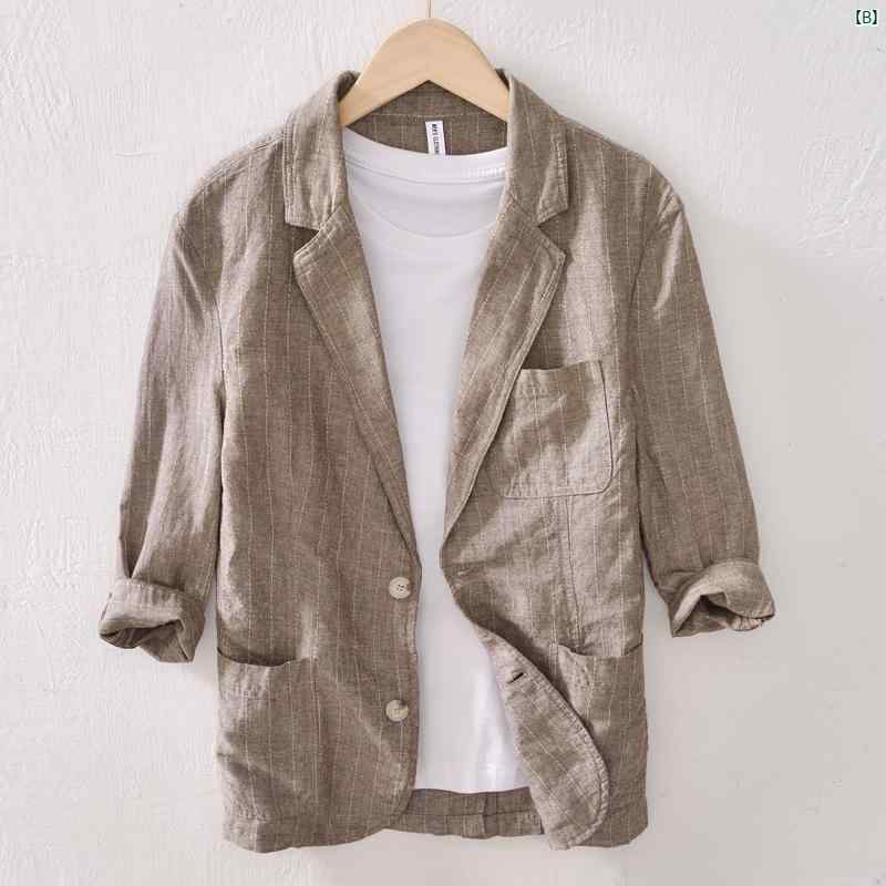 メンズ　ファッション　韓国ファッション　オシャレ　韓国 春夏 ストライプ 七分袖 リネン スーツ 男性用 薄手 カジュアル 文学 レトロ コットン 小柄 ジャケット